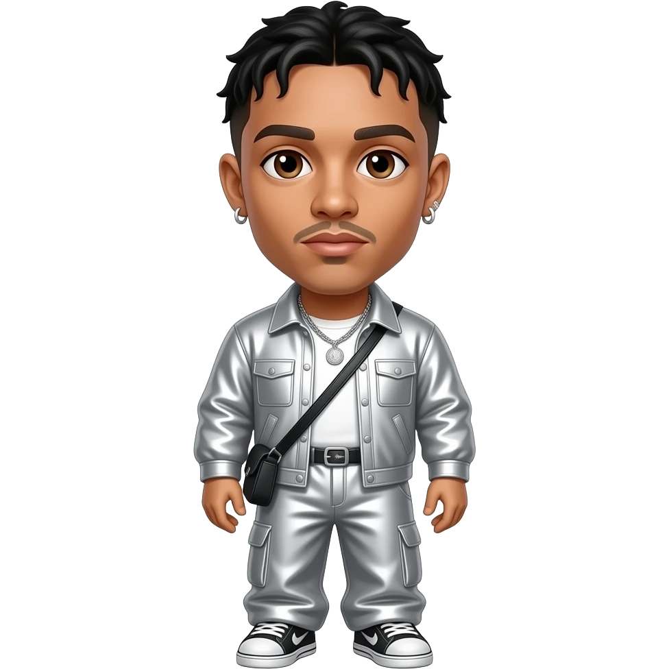 Bad Bunny with brown eyes, black hair, silver metallic shirt, silver metallic baggy pants, silver necklace and earrings emoji