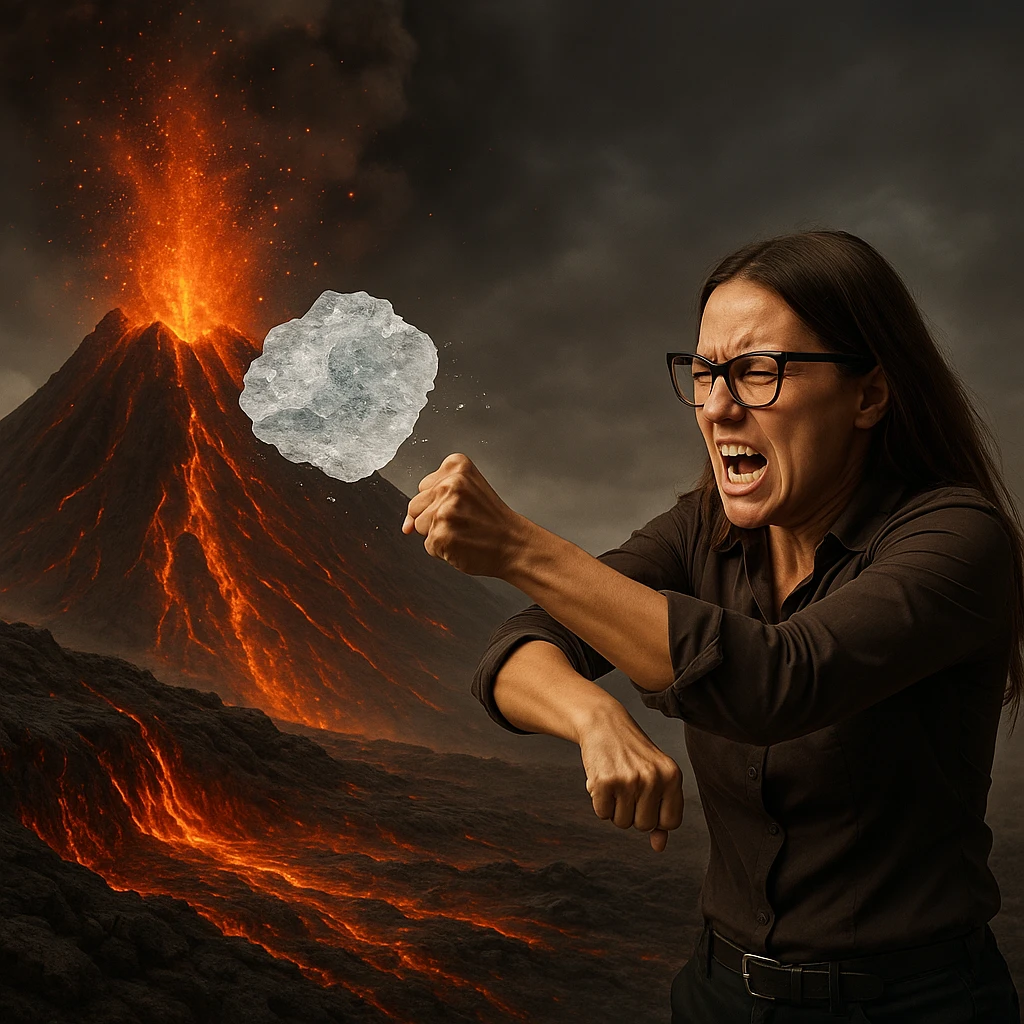 Create a hyperrealistic image similar to the reference photo of a woman throwing ice onto a volcano full of lava. The ice has no effect on the lava. The woman shows an expression of effort or frustration. The scene is symbolic with detailed and carefully crafted elements. emoji