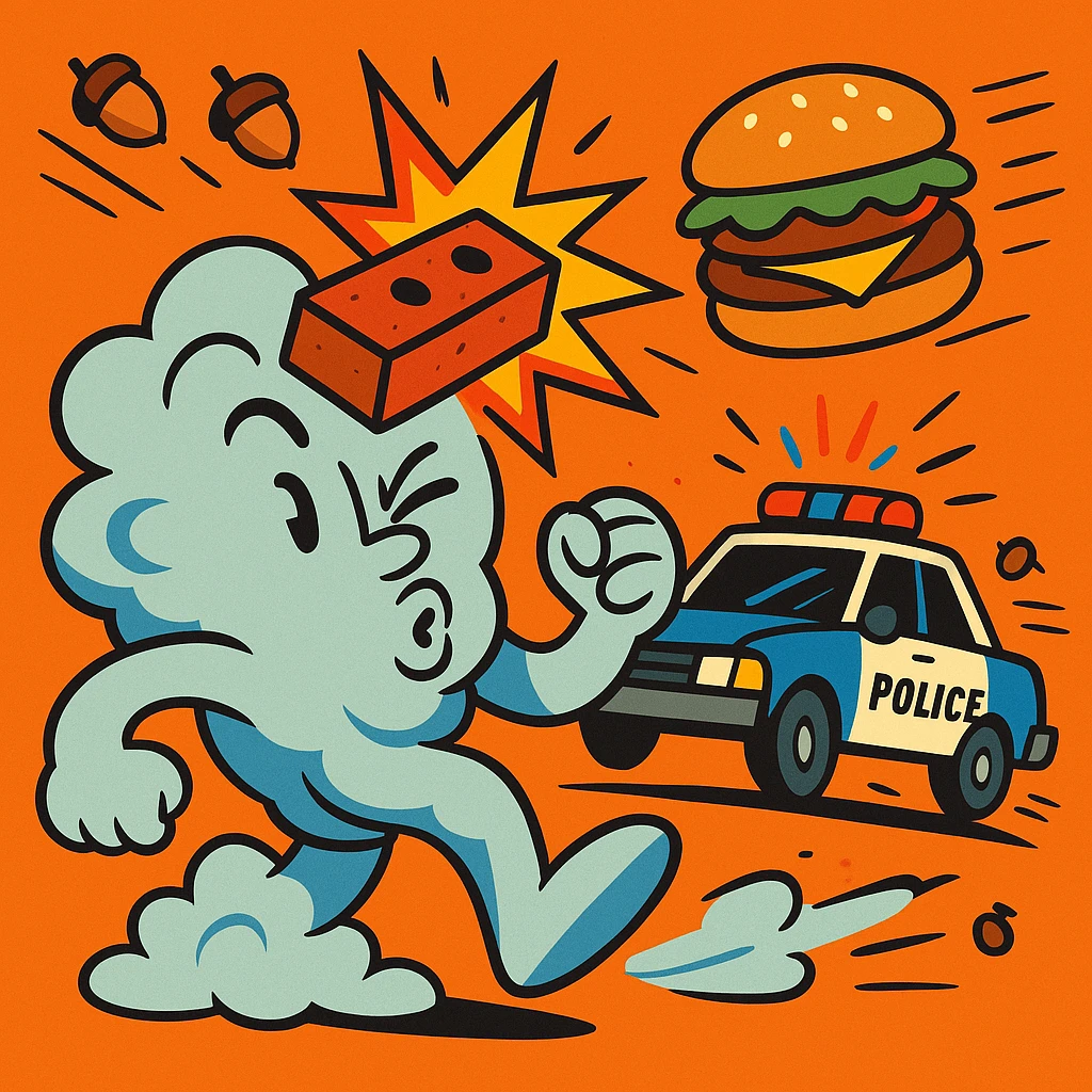 personified gust of wind hit by a brick, a burger mid-air, and a police car behind with acorns flying toward it, energetic and humorous style emoji