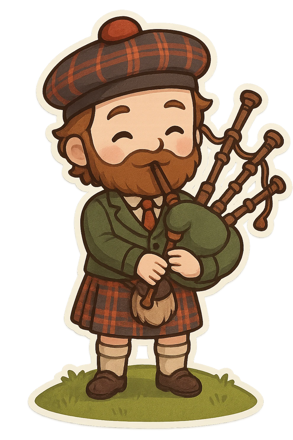 Scottish man in traditional dress, holding bagpipes, standing on a grassy hill, stylized illustration, no background emoji