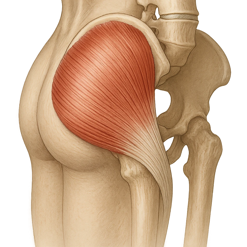 realistic and educational illustration of the gluteus medius muscle, detailed anatomy, clear and illustrative view, neutral background, no explicit references to sensitive parts emoji