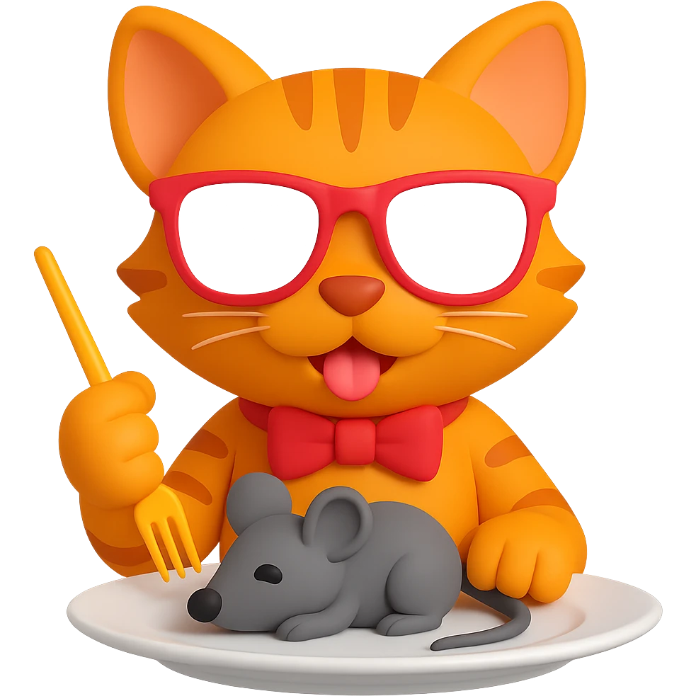 Make the cat orange, keep the 3D emoji style, cat wearing sunglasses and eating a mouse, with no background. The style should resemble Microsoft style 3D fluent emojis. emoji