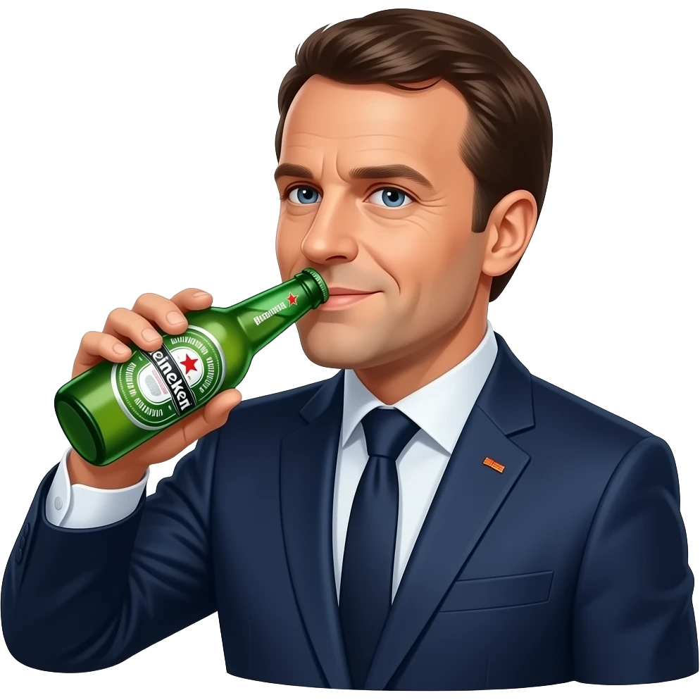 Créer moi Emanuel  Macron entrain de boire une bouteille de Heineken emoji