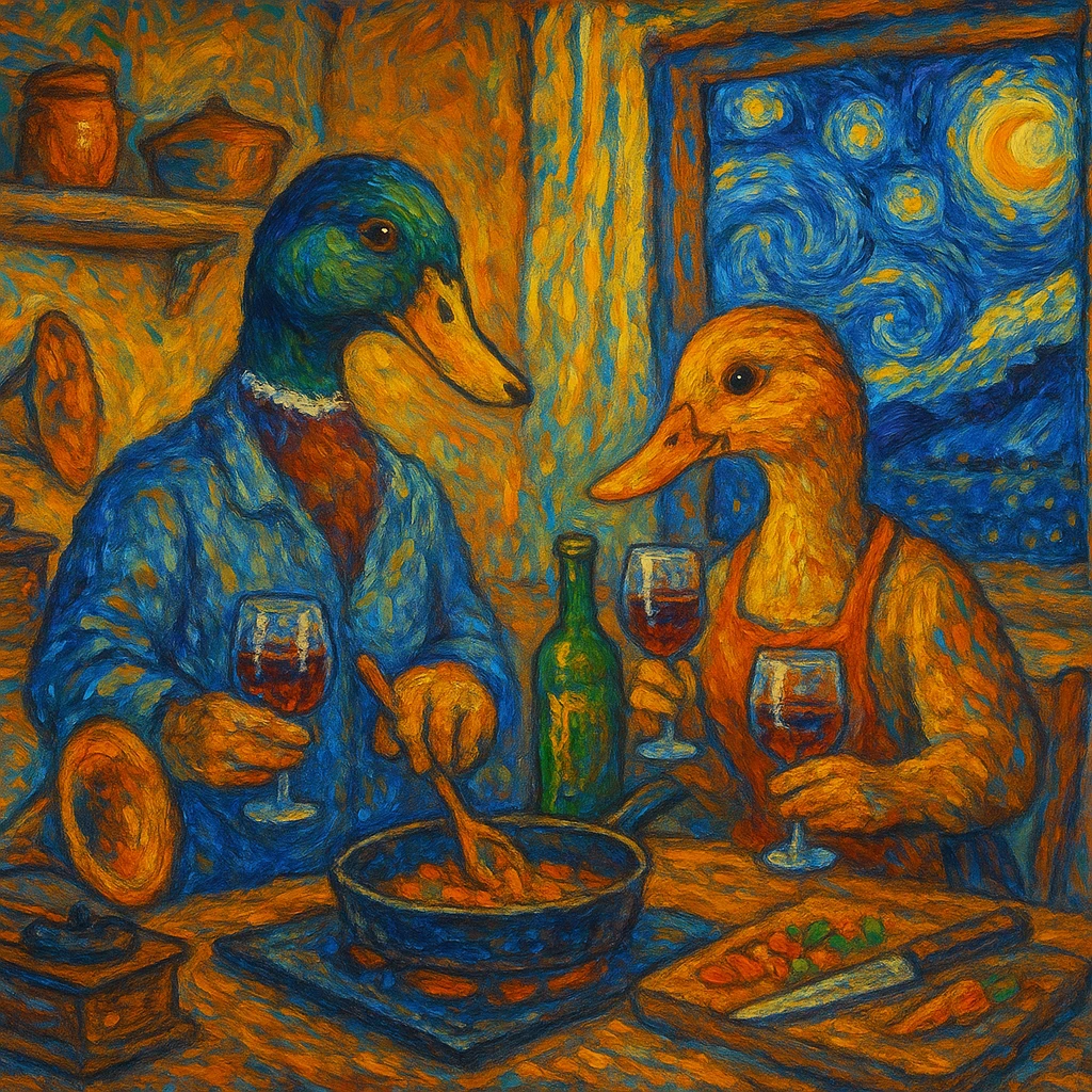 Van Gogh inspired scene of a male and female duck cooking together in a cozy kitchen, drinking wine, and listening to music, with a Starry Night sky visible through the window, 4:3 aspect ratio, painterly style, vibrant brush strokes, warm and cozy atmosphere emoji