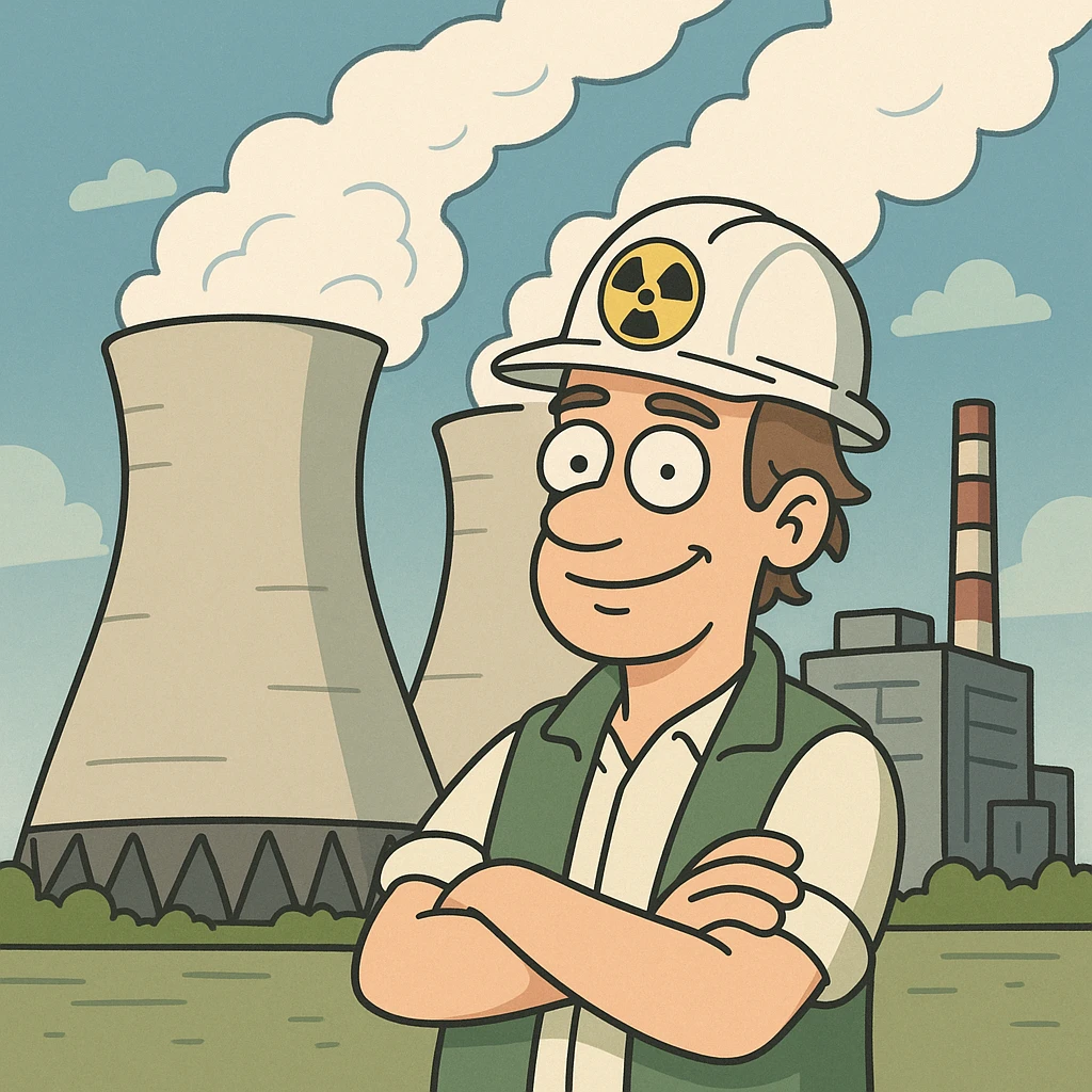 cartoon style nuclear power plant with large cooling towers emitting steam, blue sky, eco-friendly vibe emoji