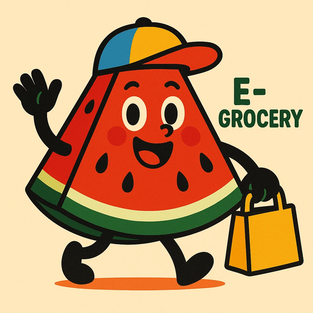 watermelon slice mascot with arms and legs, wearing a cap, representing an egrocery service, cheerful and inviting emoji