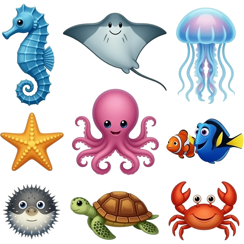 Seahorse, stingray, jellyfish, starfish, Nemo and dory, octopus, pufferfish, sea turtle, and crab emoji