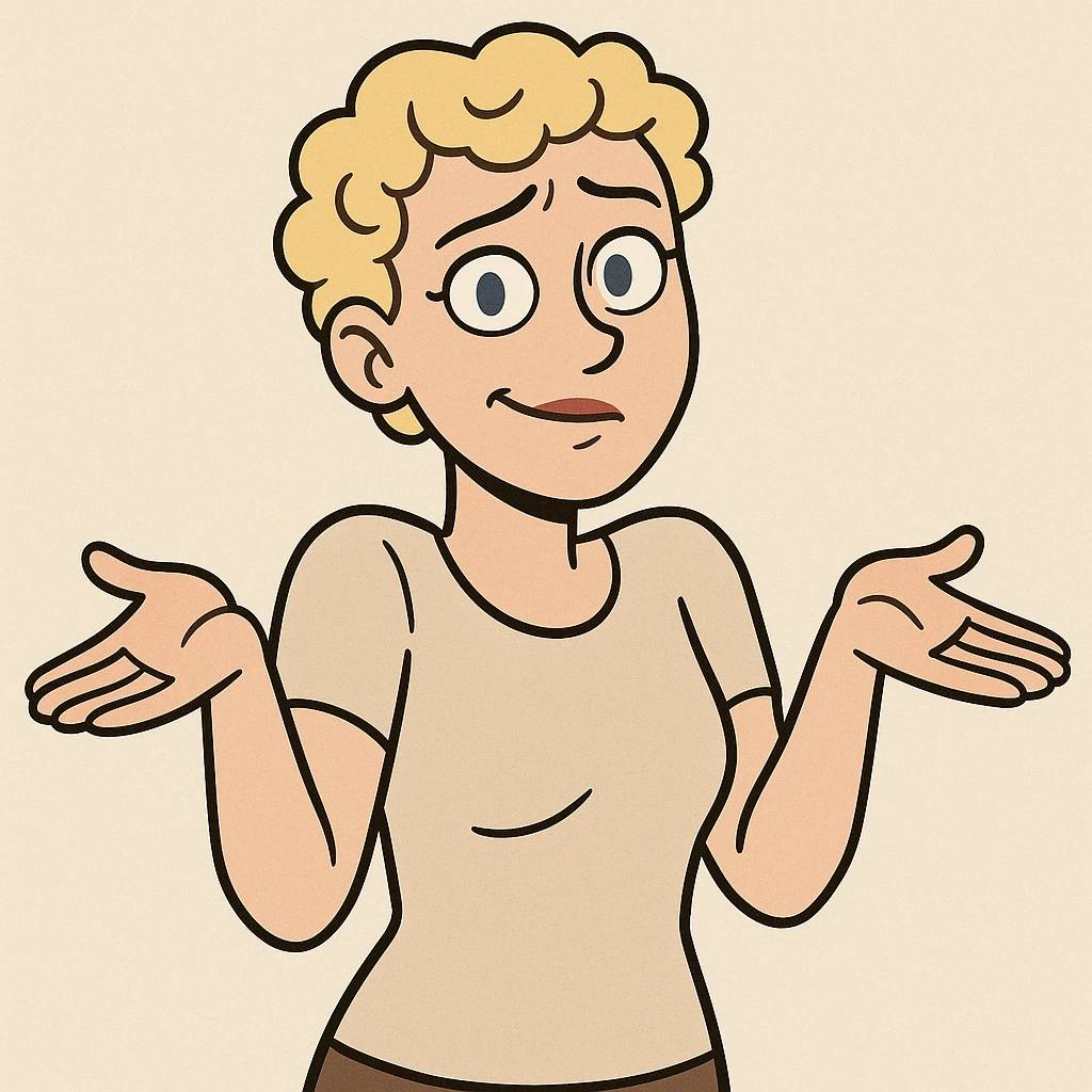 woman with short curly blonde hair and blue eyes, shrugging, cartoon style emoji