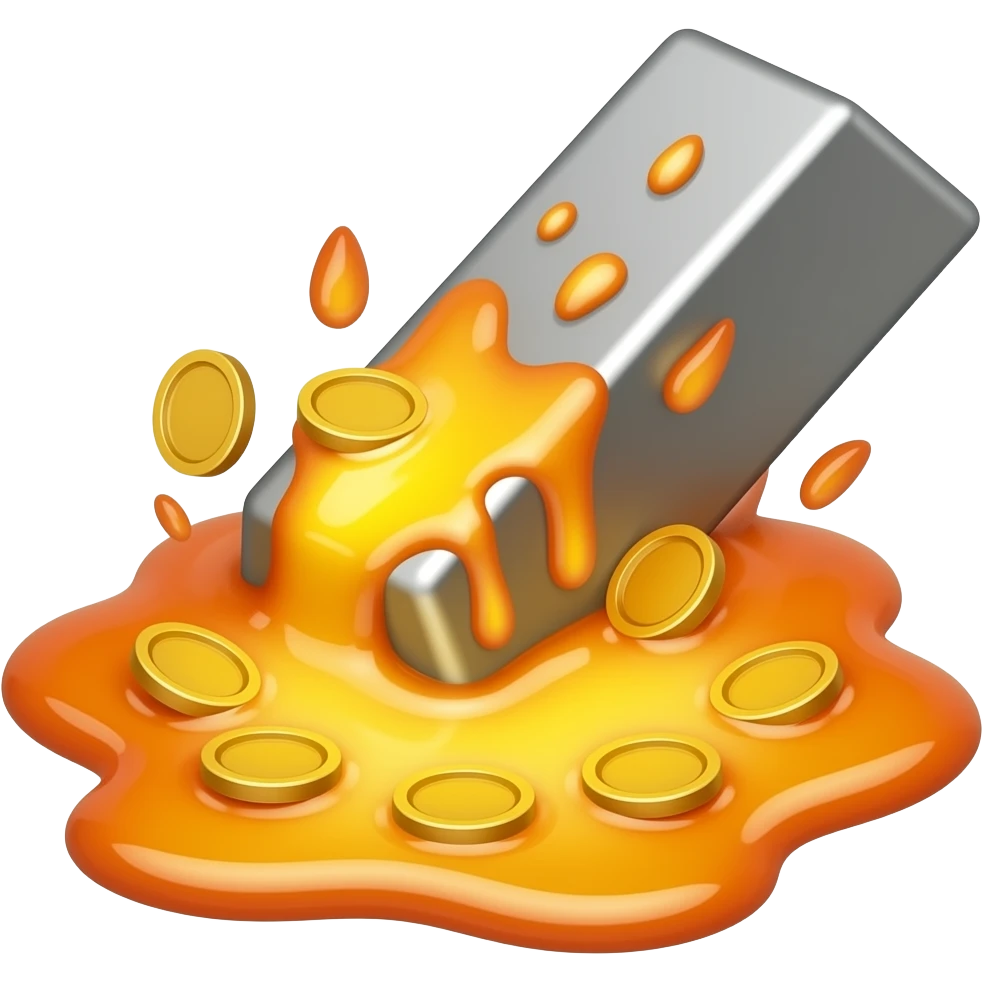 Simple hot smelted metallic bar and coins melting emoji