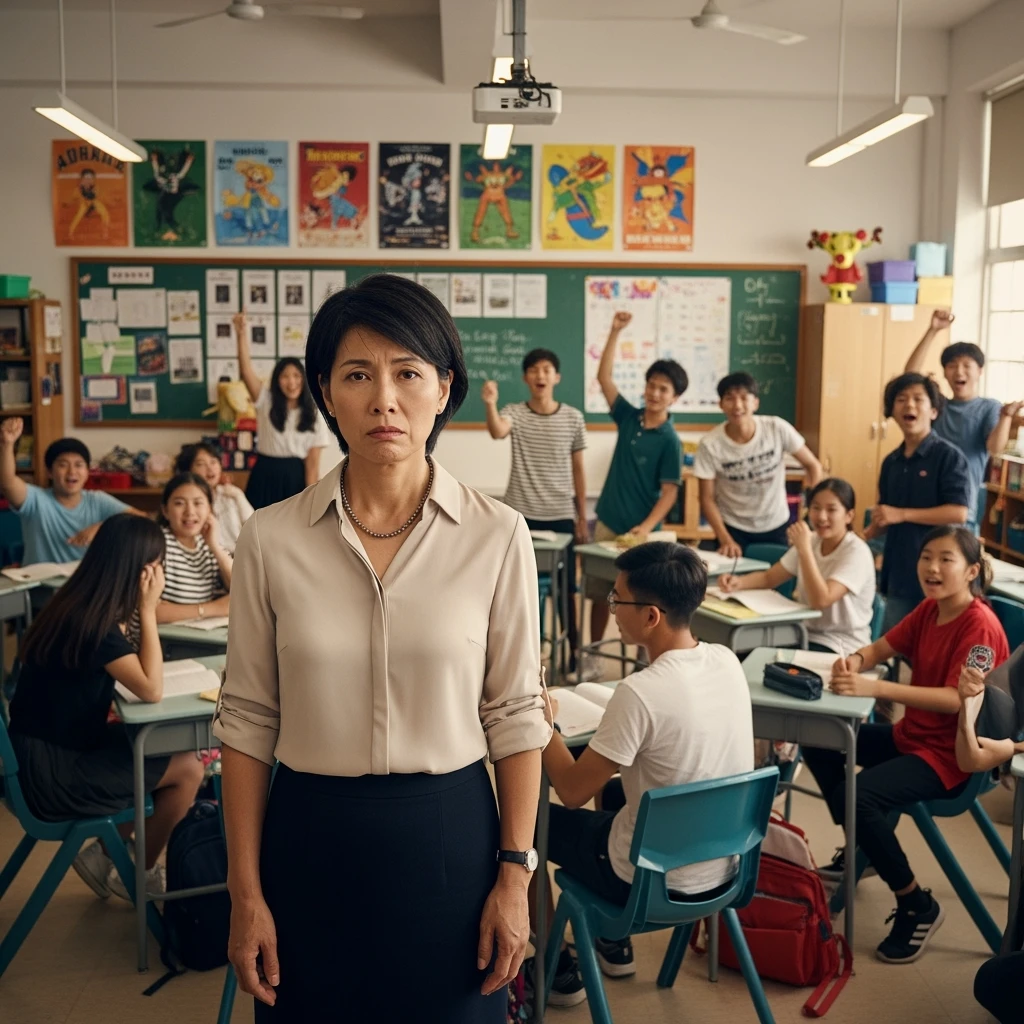 exhausted teacher in a bustling classroom emoji