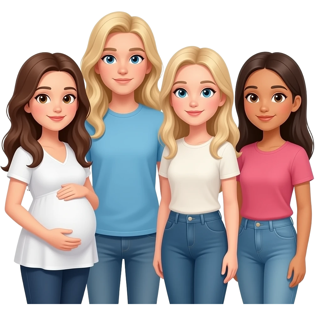 5 caucation girl friends long hair : a brunette who is pregnant, strawberry blonde tall thin, a blonde thin, a dirty blonde thin, a brunette Italian emoji