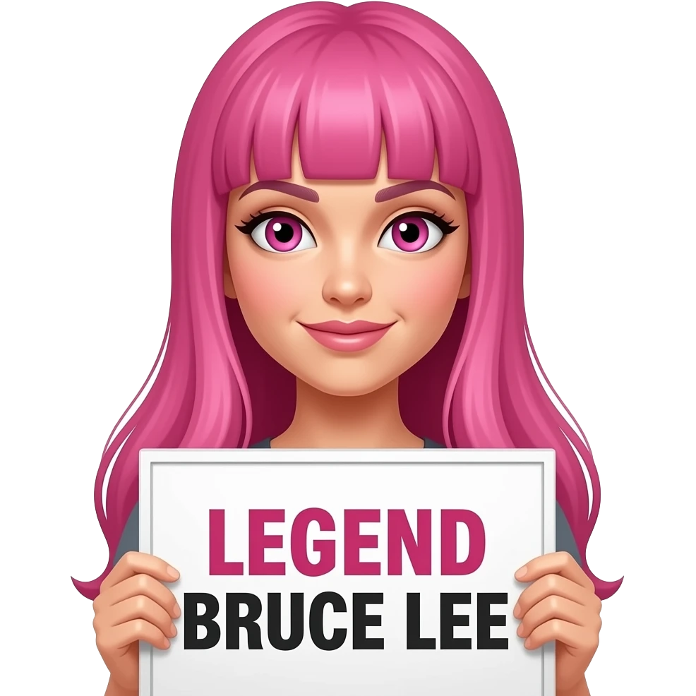 sexy girl with long pink hair and pink eyes holding LEGEND BRUCE LEE sign emoji