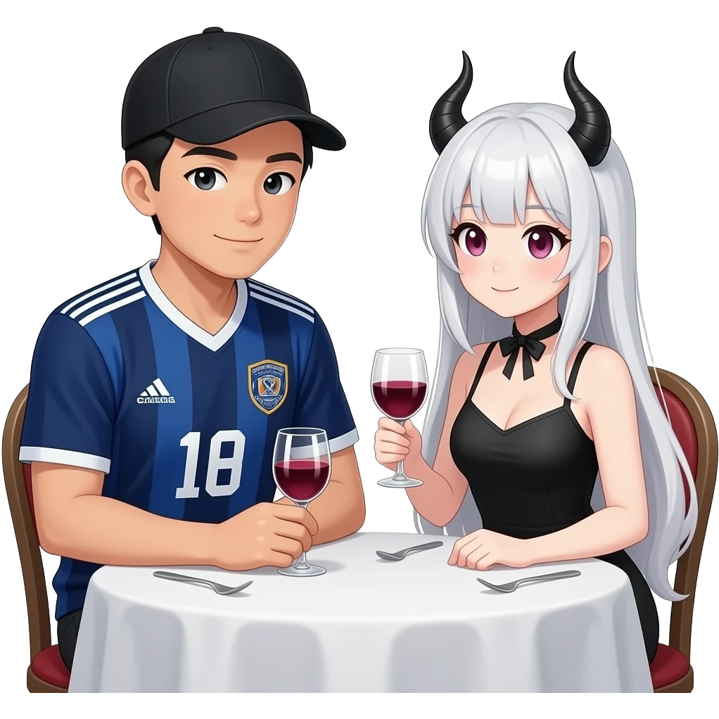 romantic date at a dinner table. The guy is asian an wears a black anglerhut and a dark blue soccer tricot. The girl is dressed as an anime girl with a white wig and black horns emoji