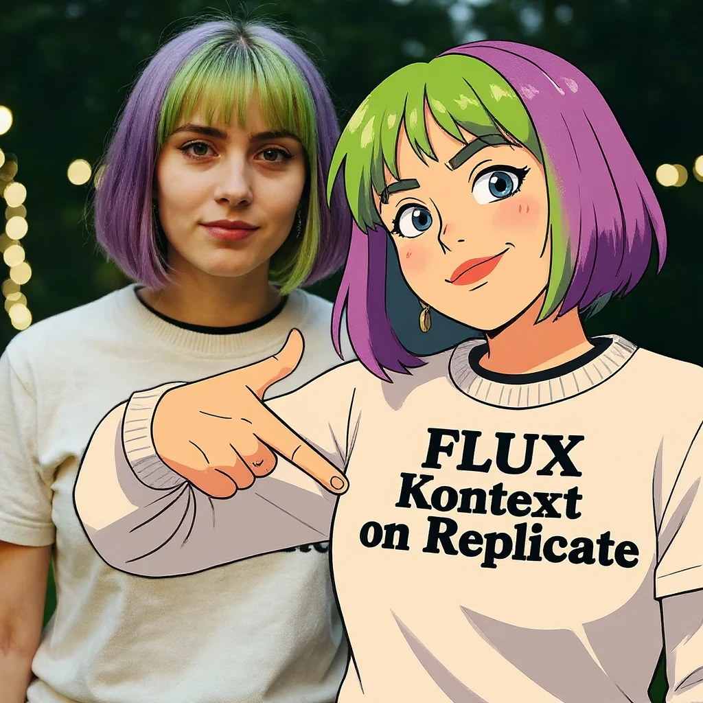 make a image of a girl with a anime version of that girl beside her wearing tshirt with text of FLUX Kontext emoji