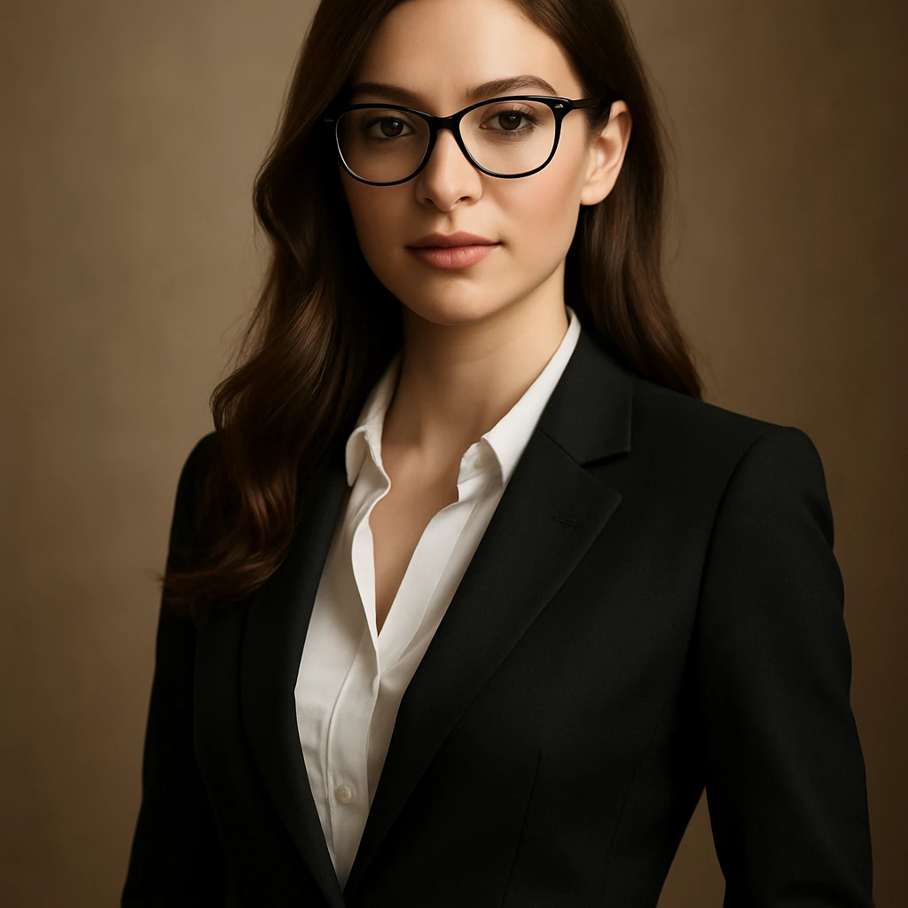 a pretty girl with glasses, wearing a suit, elegant and confident, soft lighting emoji