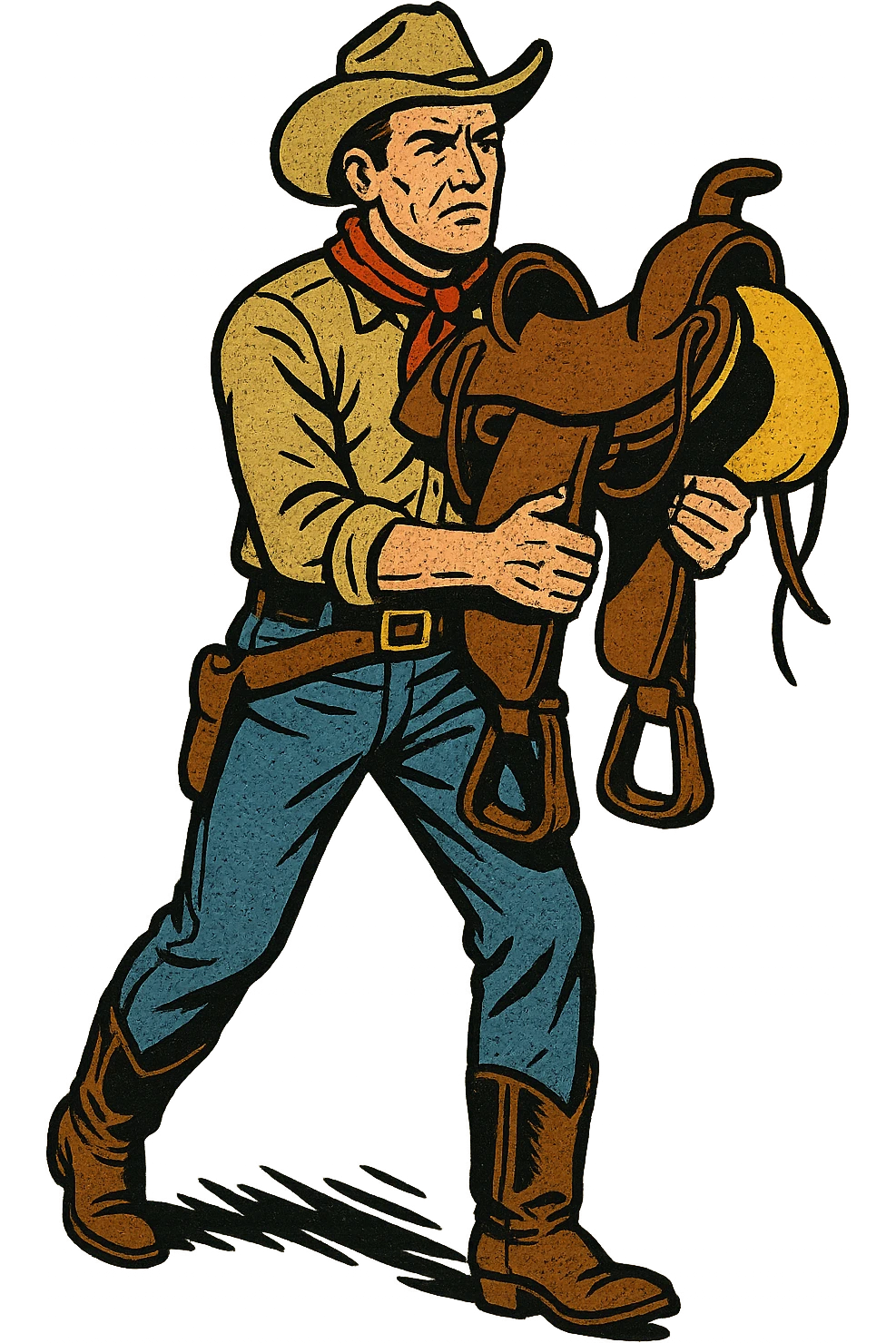 The full body of cowboy holding a saddle from the American West in the 1860s.  emoji