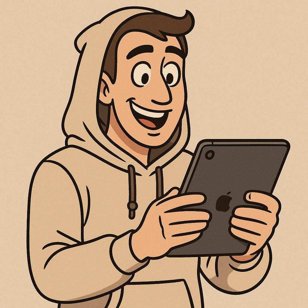 a man in a hoodie, smiling, holding an iPad, cartoon style, flat toon style emoji