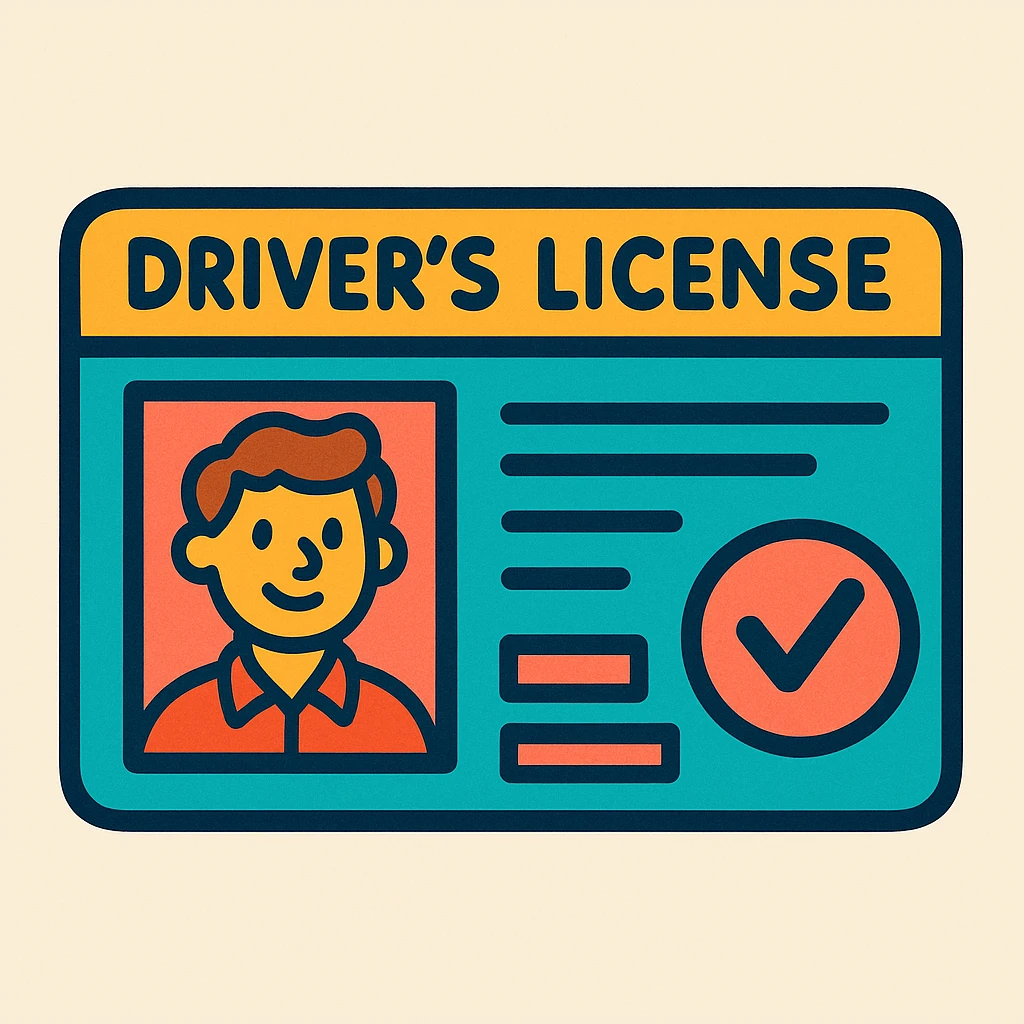A cartoonish driver's license with bright colors and a fun design. emoji