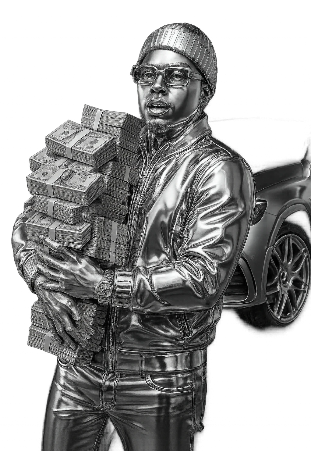 Create a chrome icon version of the person in the reference image with realistic white skin tone and natural facial features. The hoodie, hat, and clothing should be chrome. Add Cartier-style glasses. Replace the car behind him with an AMG model. The money should remain realistic US dollar bills. The overall style should be bold and iconic, with only the clothes and accessories in chrome, not the skin. emoji