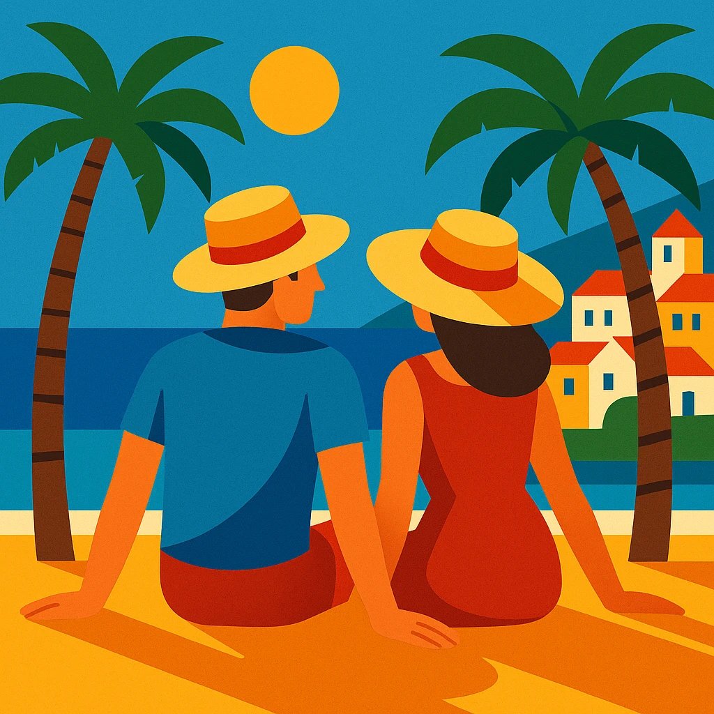 couple (husband and wife) sitting on a beach in Spain, palm trees, sun hats, Mediterranean vibe, colorful illustration emoji