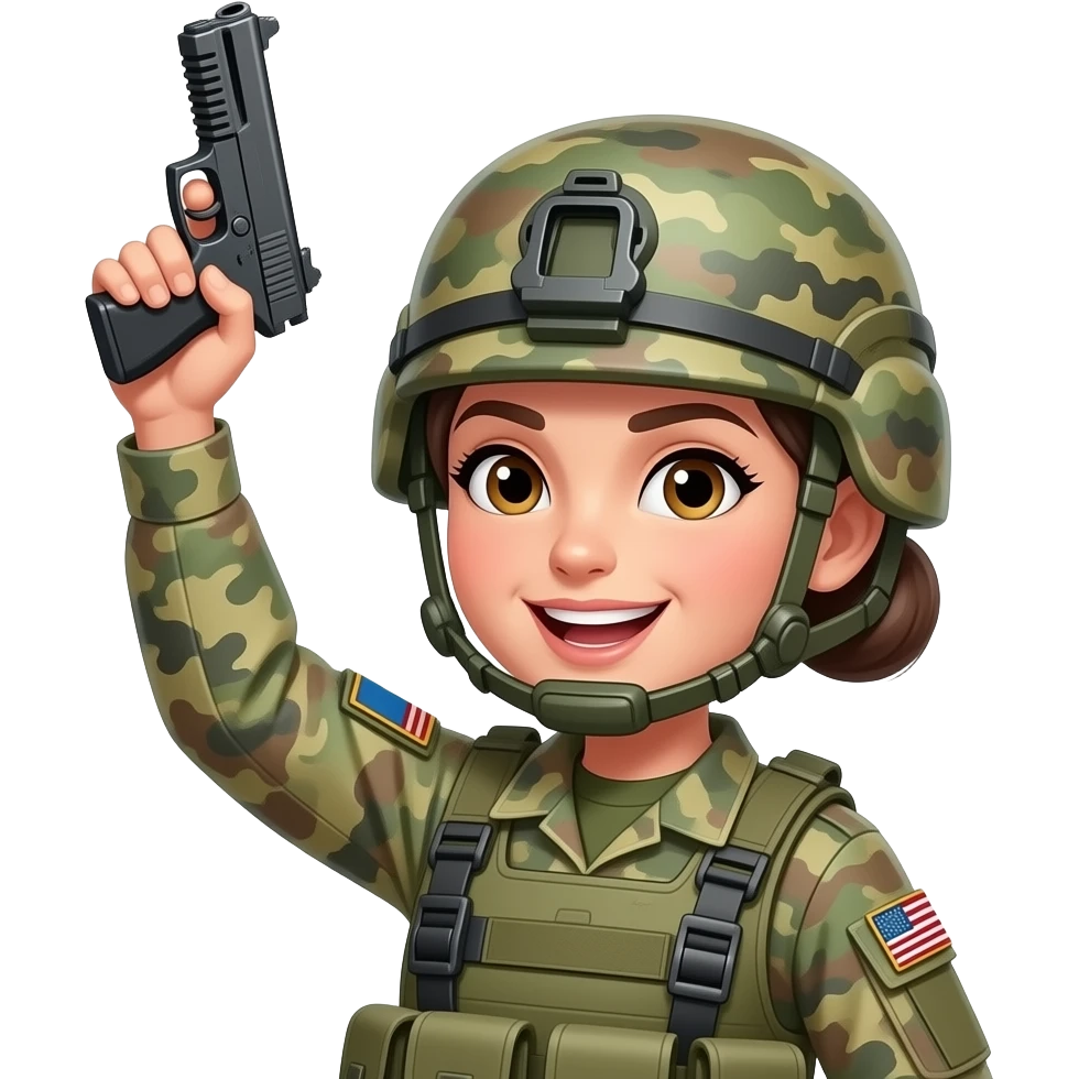 Female war person holding gun about head in victory emoji