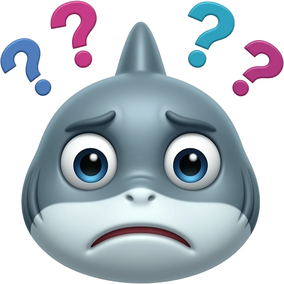 An inquisitive, concerned looking shark with question marks emoji