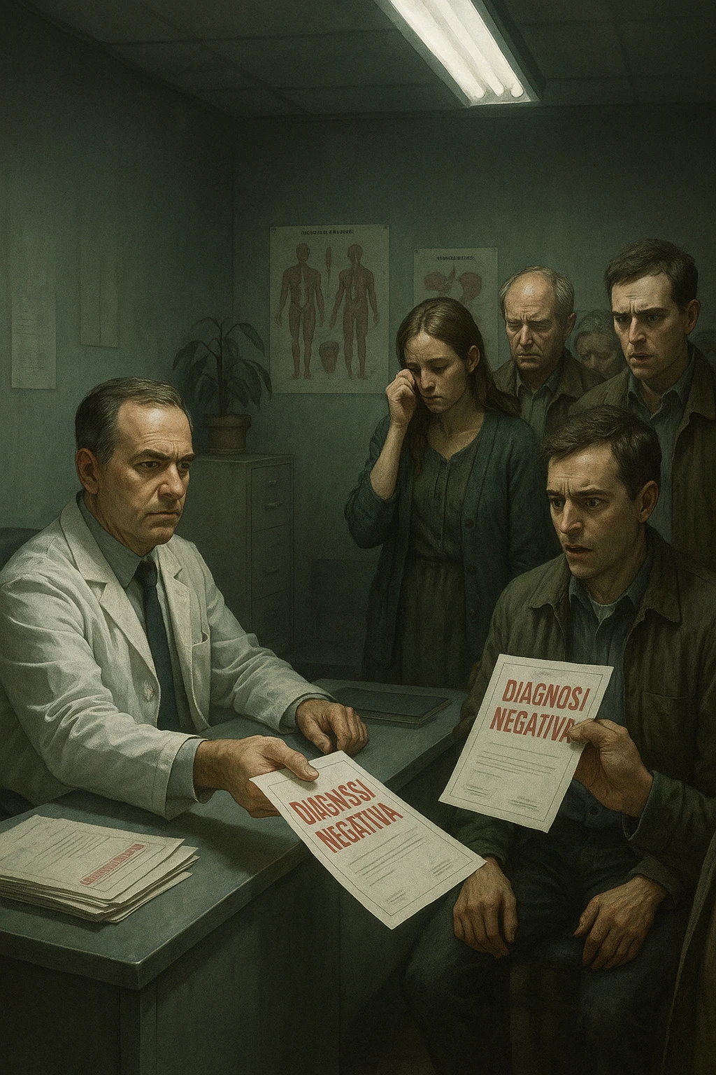 A realistic, cinematic illustration set in a dull, grey-toned medical office. A middle-aged male doctor in a white coat with a stern, cold expression is seated at his desk, handing out medical reports with large red ‘Negative Diagnosis’ stamps to each patient in line. The patients, of various ages and appearances, stand in a line, each looking increasingly sad, defeated, and demoralized as they receive their papers, with slumped shoulders and empty gazes. One young woman wipes away a tear, while a man stares at the paper in shock. The background shows medical posters, a faded plant, and harsh fluorescent lighting, emphasizing the cold, mechanical environment. The mood is heavy, illustrating how negative diagnoses delivered without empatia can deeply affect the mental health and morale of patients. The style is realistic, with subtle filmic grain, emphasizing emotional impact and the weight of medical words on people’s lives. in italiano emoji