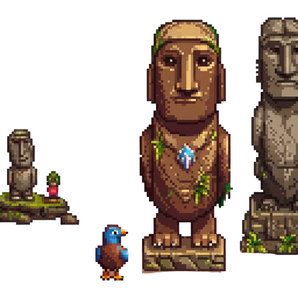 A bird standing next to a moai statue. emoji