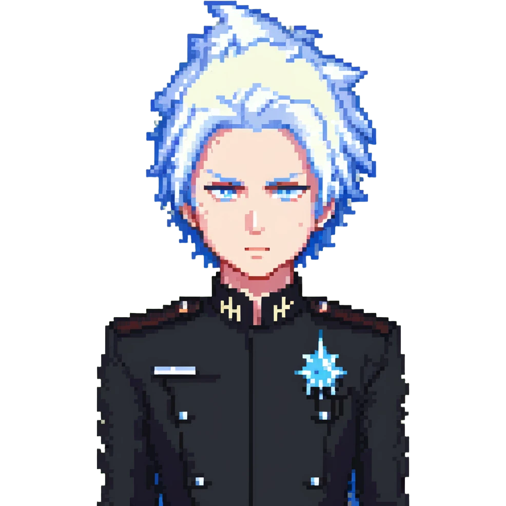 Gojo Satoru, pixel art, standing pose, white spiky hair, black uniform, blue eyes, minimal background emoji