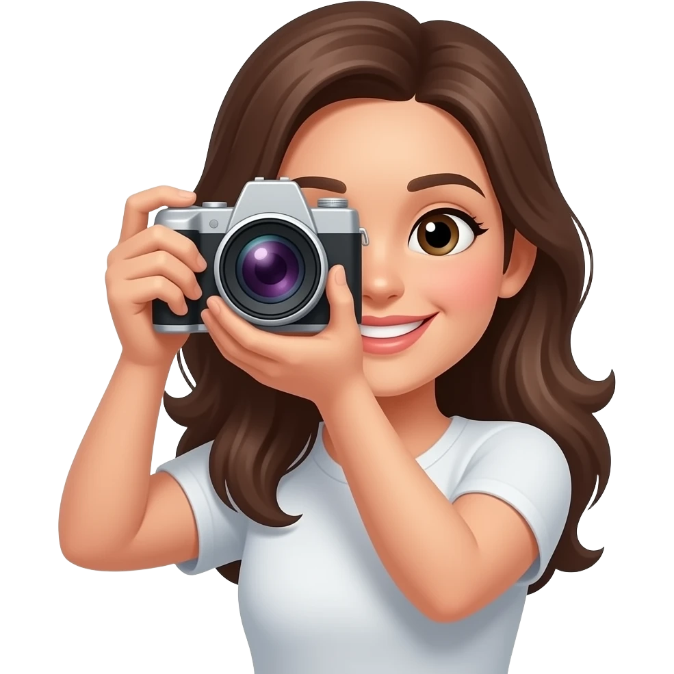 realiza un emoji de una persona mujer y alegre que no sea vea tan seria profesional de fotografo con una camara en la cara sujetada con la mano como si fuera a otmar una foto emoji