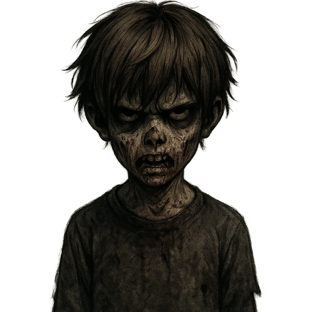 spooky zombie boy, brown emo hair, medium shaggy, scary and dark expression emoji