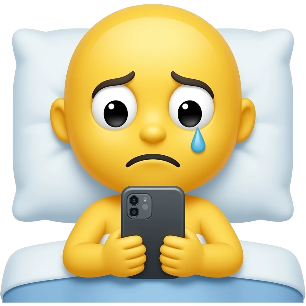 Yellow emoji face that looks tired & sleepy with one eye open and one eye shut reading phone messages in bed emoji