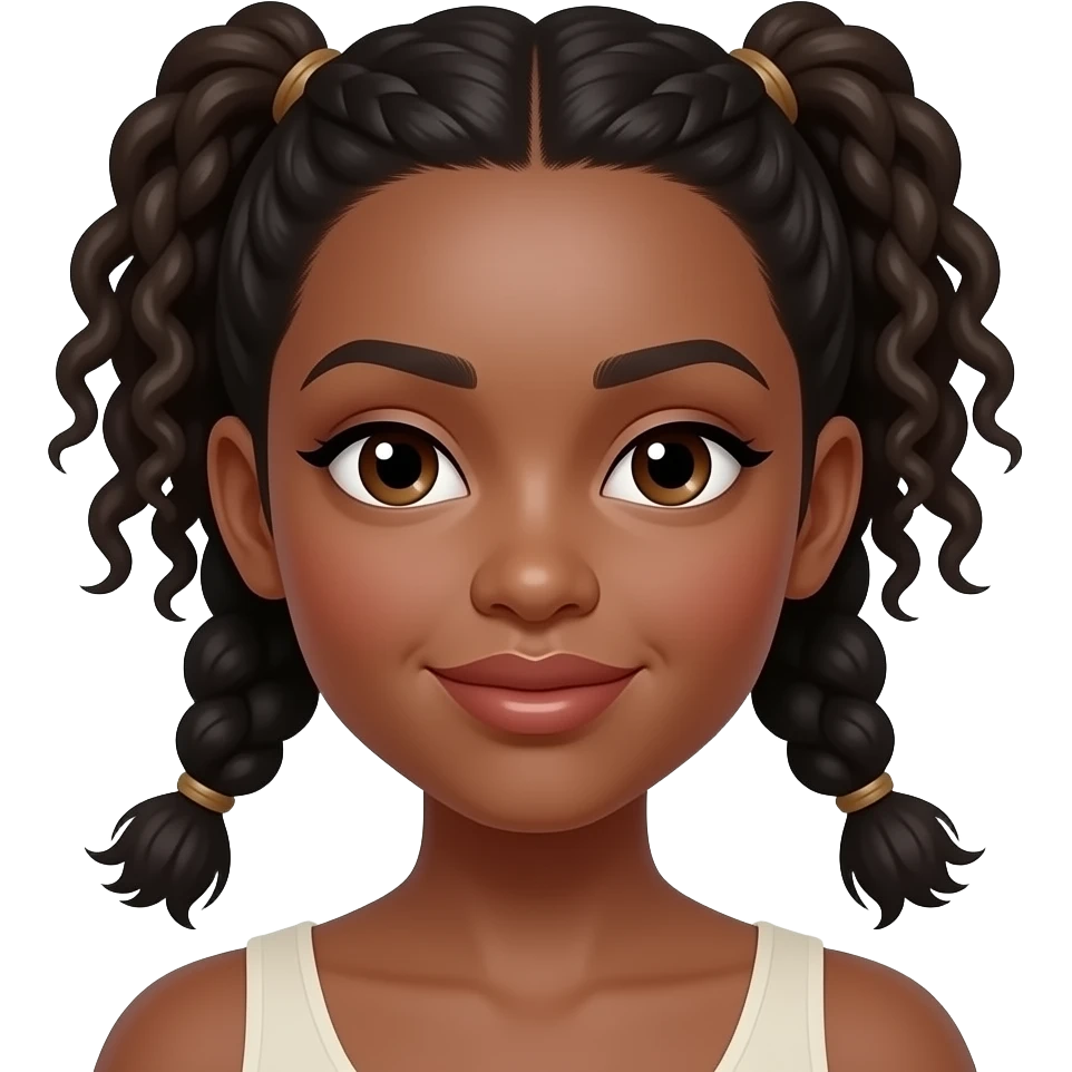 Dark-skinned young woman with smooth skin, full lips, almond-shaped eyes, slightly hooded eyelids, defined natural brows, small rounded nose, soft cheek structure, oval-round face, neat small braids with curly ends framing the face. bratz art style emoji
