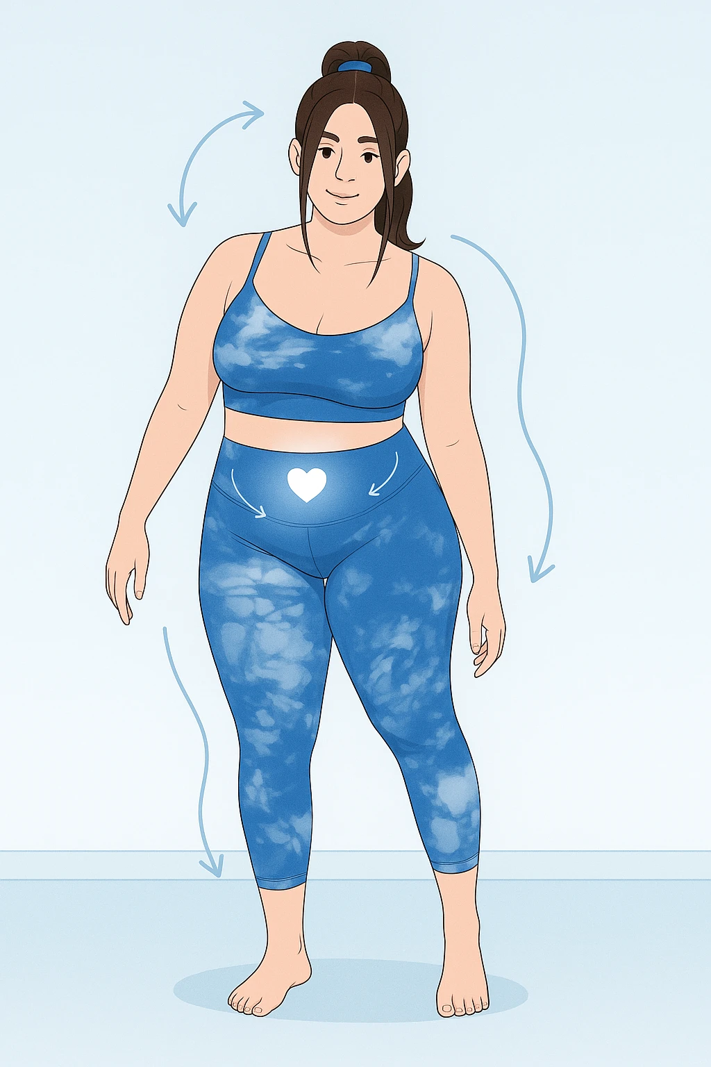 a woman stands in a relaxed pose, with a gentle, confident expression. Her body is shown with subtle, curved lines or arrows indicating areas of imbalance (such as a slight tilt in the shoulders or hips), but no signs of injury or damage. A soft glow or heart symbol at her core emphasizes resilience and the message “Non rotto, ma fuori equilibrio” The background is clean and clinical, with light blue tones. emoji