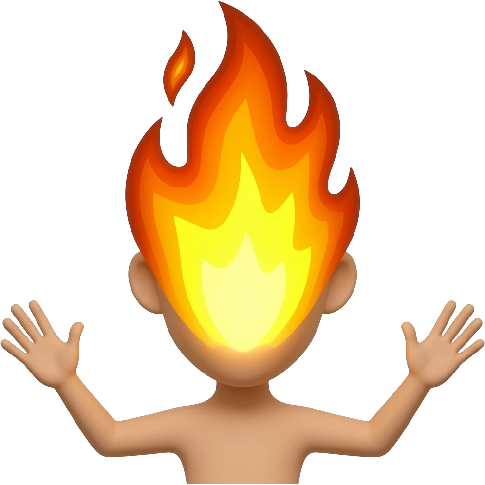 A classic emoji (no body, no arms), with entire head on fire on fire, viewed from behind (yellow to dark-oange flames), and with hands (no arms) spread out to each side, please. emoji