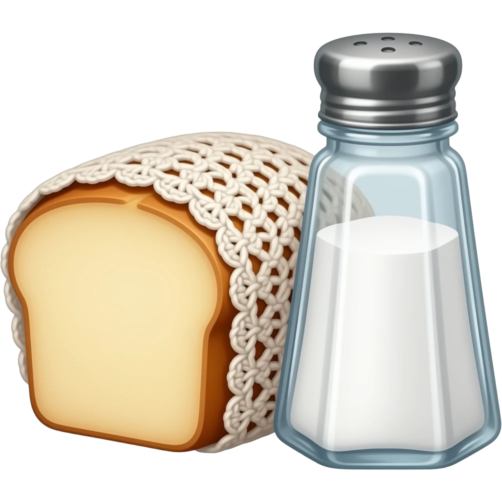 a small cut-out peasant bread wrapped in crocheted fabric t, next to which stands a large glass salt shaker emoji