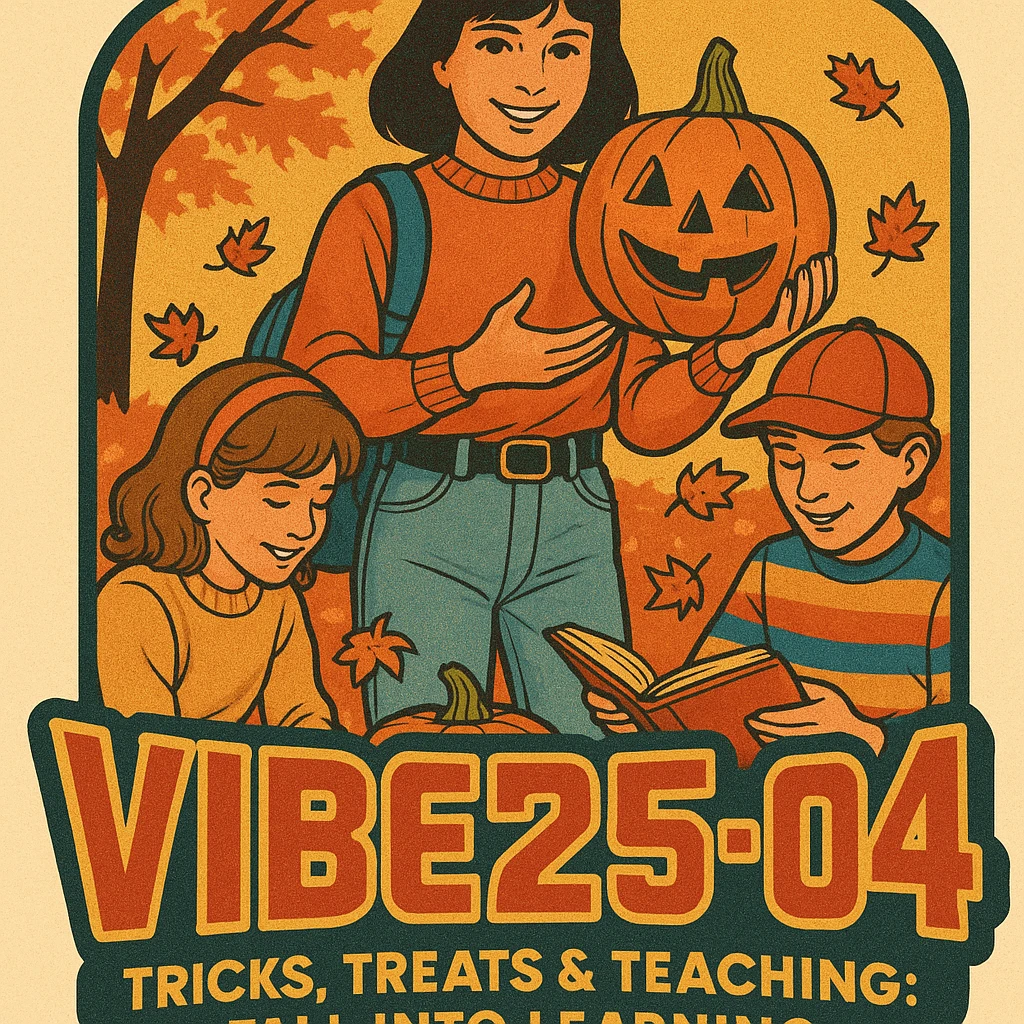 Create a logo that encompasses a retro 80's feel, nostalgic, ALSO RETRO.  Add the words "VIBE25-04: Tricks, Treats & Teaching: Fall Into Learning" emoji