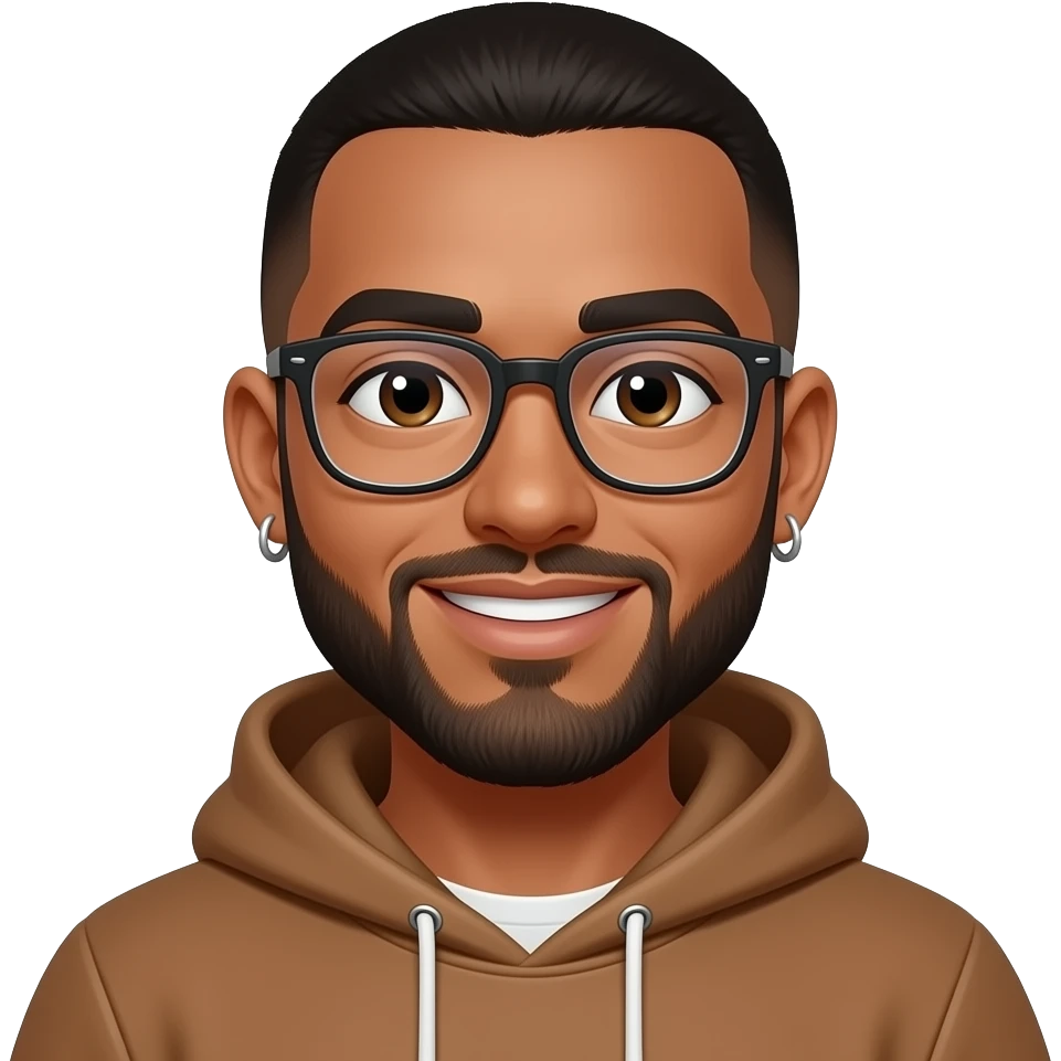 caramel skin man in his 20s with buzzcut. dark brown eyes. beard. glasses. smiling. wearing a hoodie. earrings. emoji