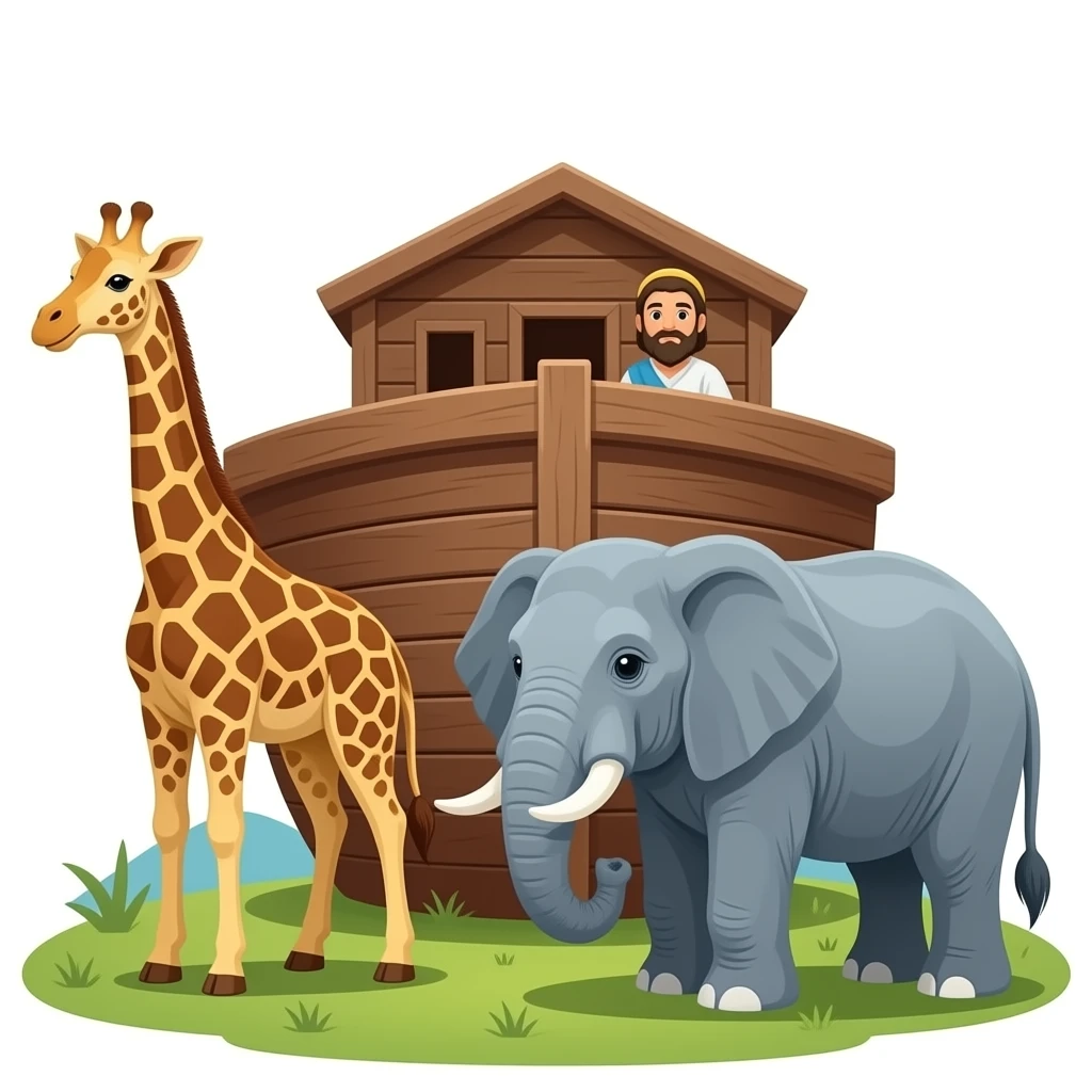 Noah’s Ark with Noah and giraffe and elephant emoji