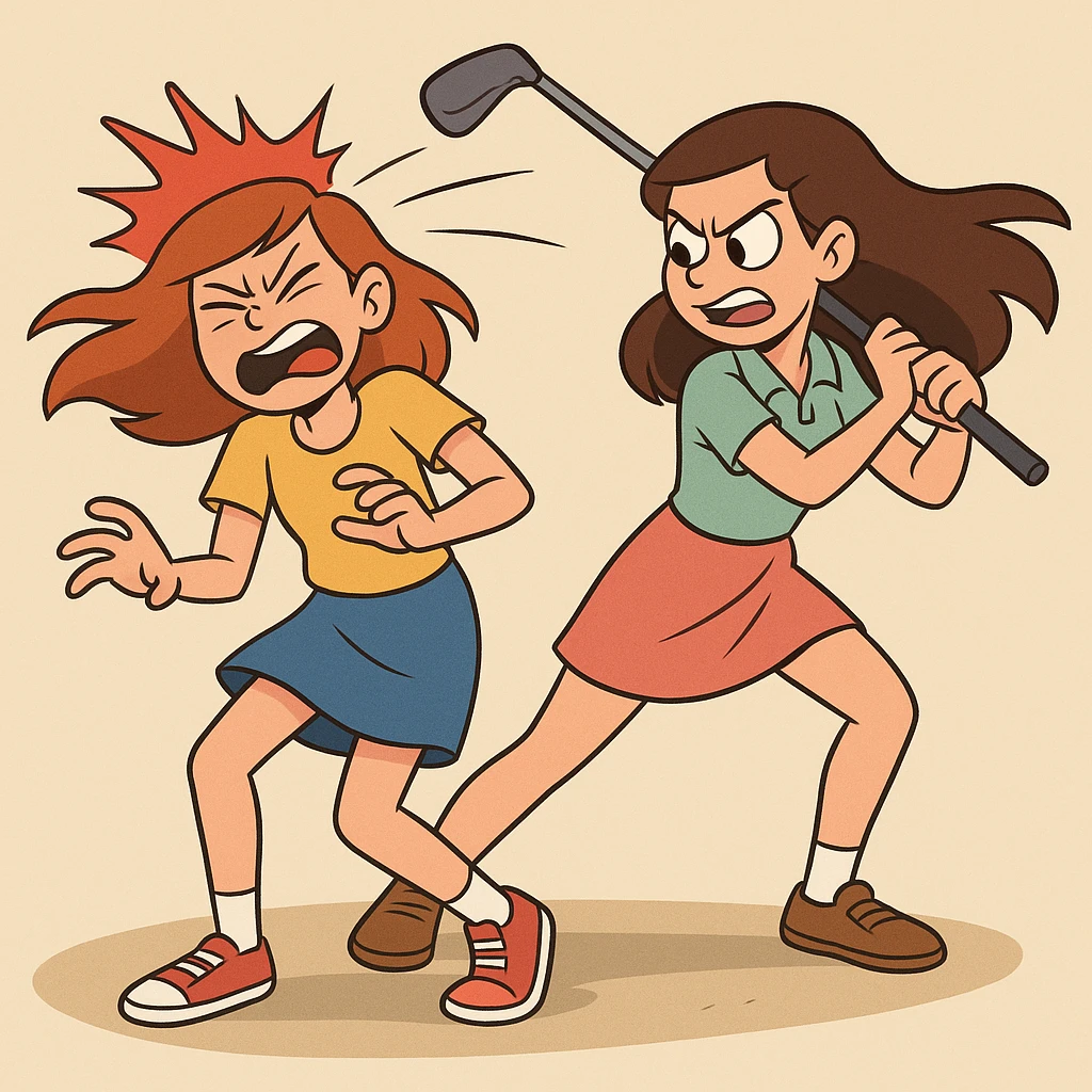 two girls, one striking the other with a golf club, exaggerated motion, vibrant colors emoji
