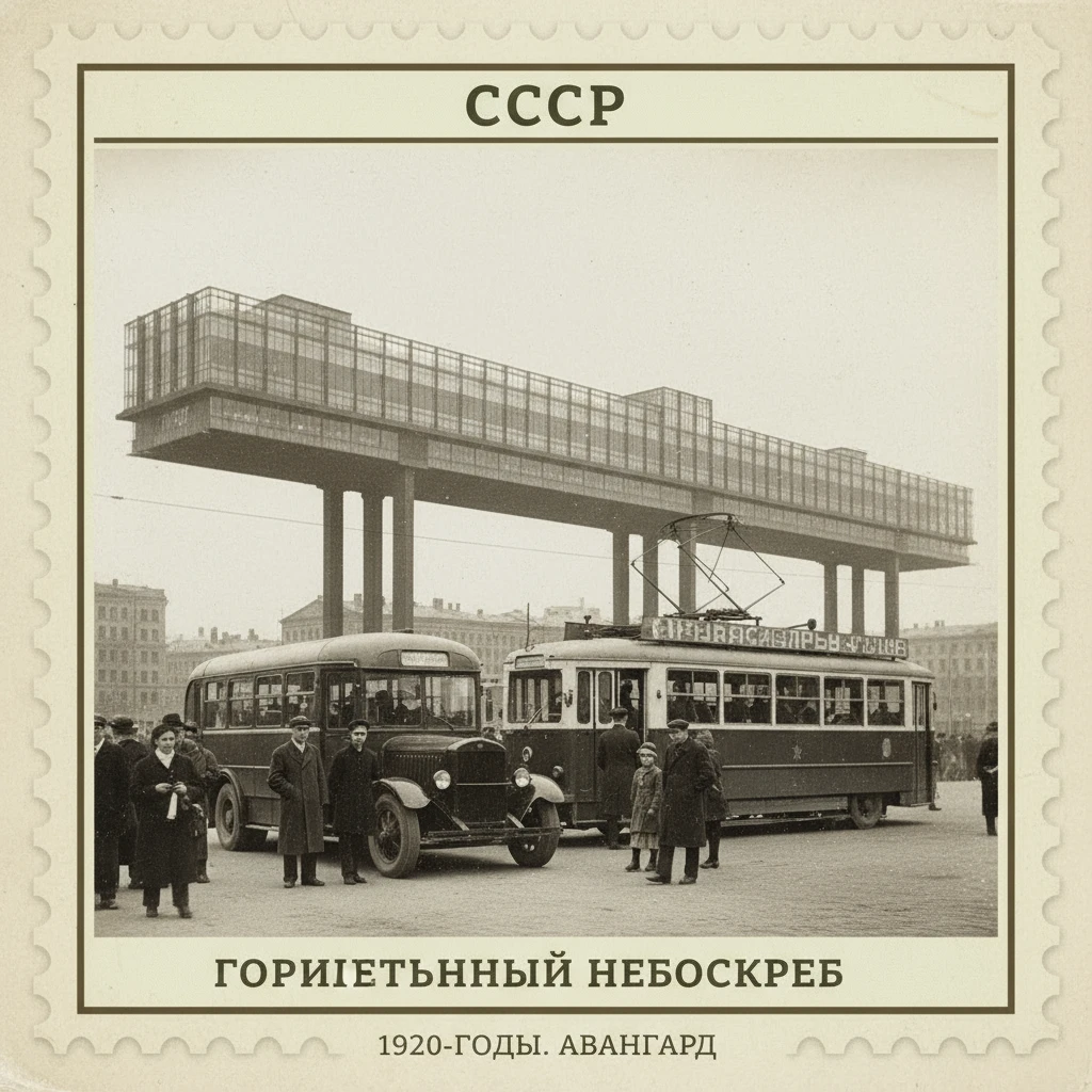 Автобус и трамвай у остановки, которая рядом с горизонтальным небоскребом Эля Лисицкого. СССР 1920 годы

Стилизуй изображение под марку как на фото emoji