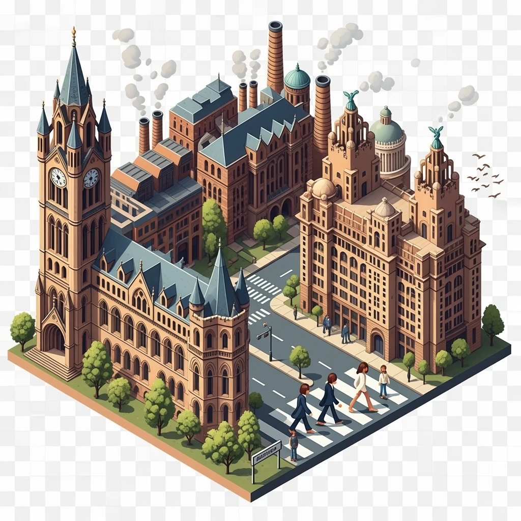 Isometric illustration of Manchester and Liverpool combined, featuring Beatles references (Abbey Road sign), Manchester Town Hall, toy-style factories, balanced between stylized painting and realistic, transparent background emoji