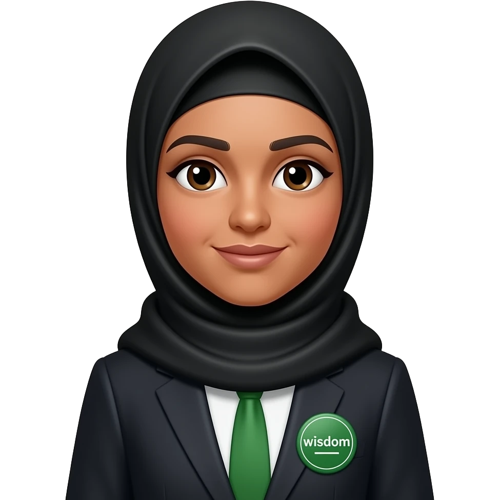 make someone whose name u think might be Alifna, make her wear a green tie, black hijab,, skin normal indian skin, make her wear a green colour badge with the this being written "wisdom" emoji