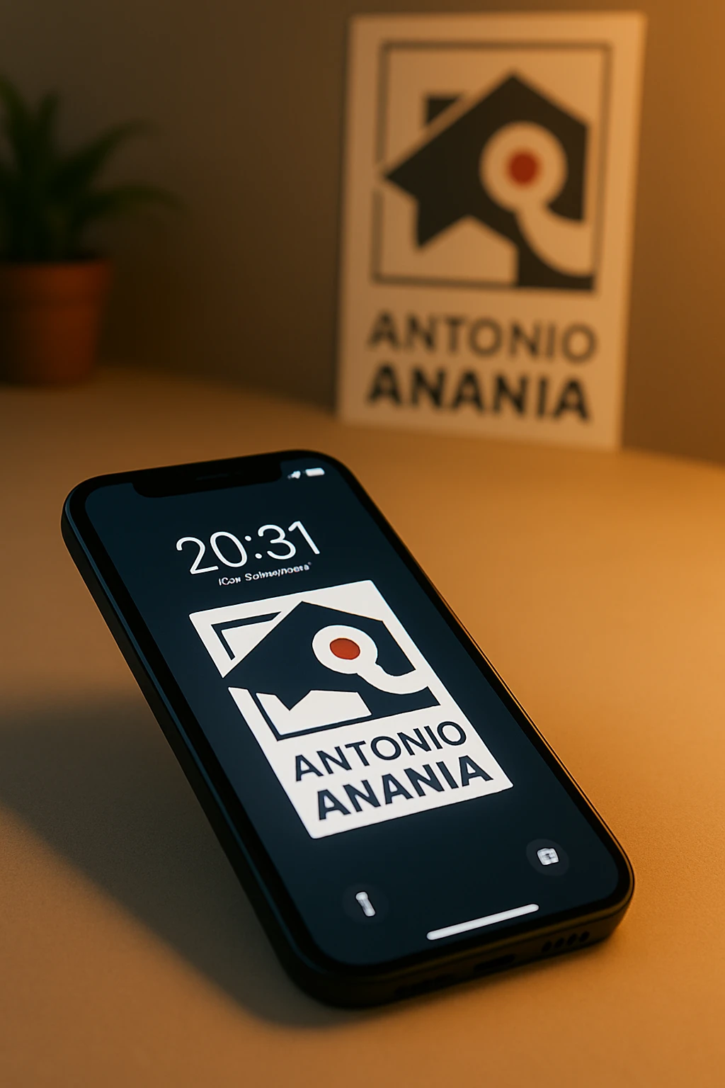A photo of an iPhone with the message "Antonio Anania" on its screen, The phone sits atop a desk with a blurred background that suggests work environment. A faint glow from above casts gentle shadows across the surface of each object, creating depth and highlighting their textures emoji
