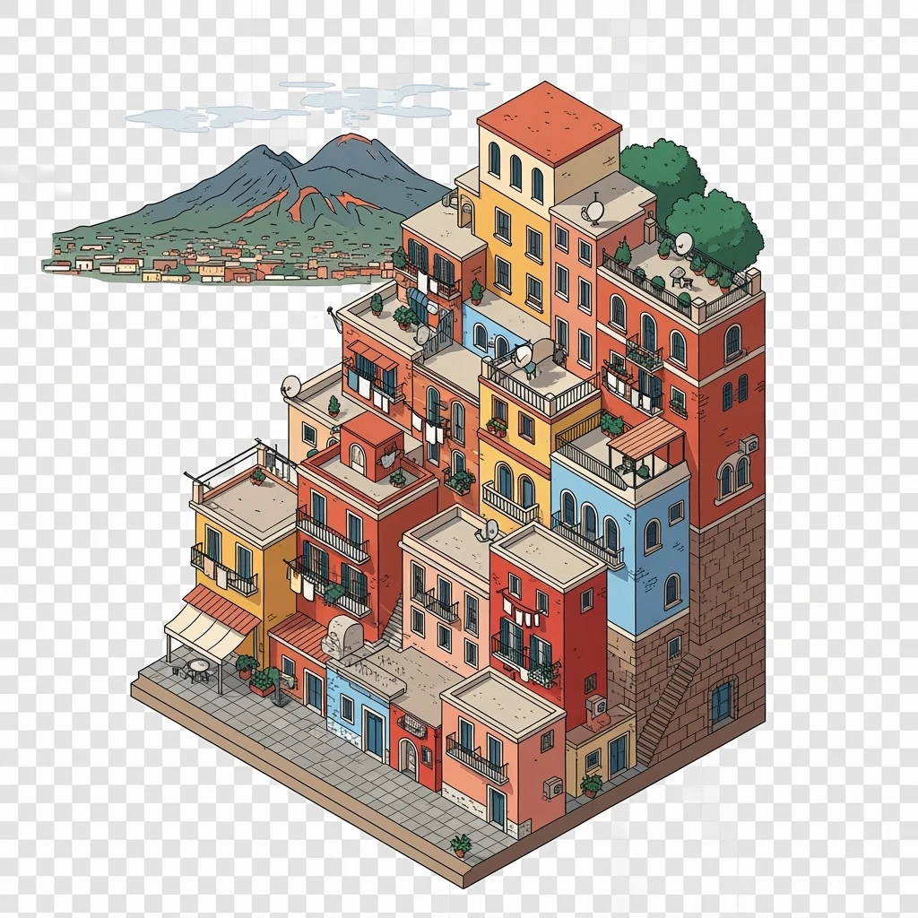 Isometric illustration of Naples, featuring colorful stacked coastal houses and Mount Vesuvius in the background, highly detailed in semi-realistic style with sharp outlines, balanced between stylized and realistic, 3D miniature effect, transparent background. emoji
