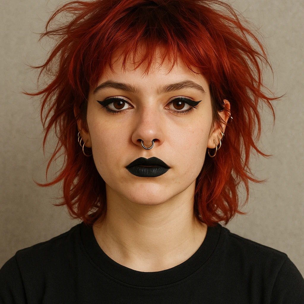 A fair-skinned girl with messy cherry red hair, black t-shirt, bold eyeliner, black lipstick, septum and multiple ear piercings, facing forward. emoji