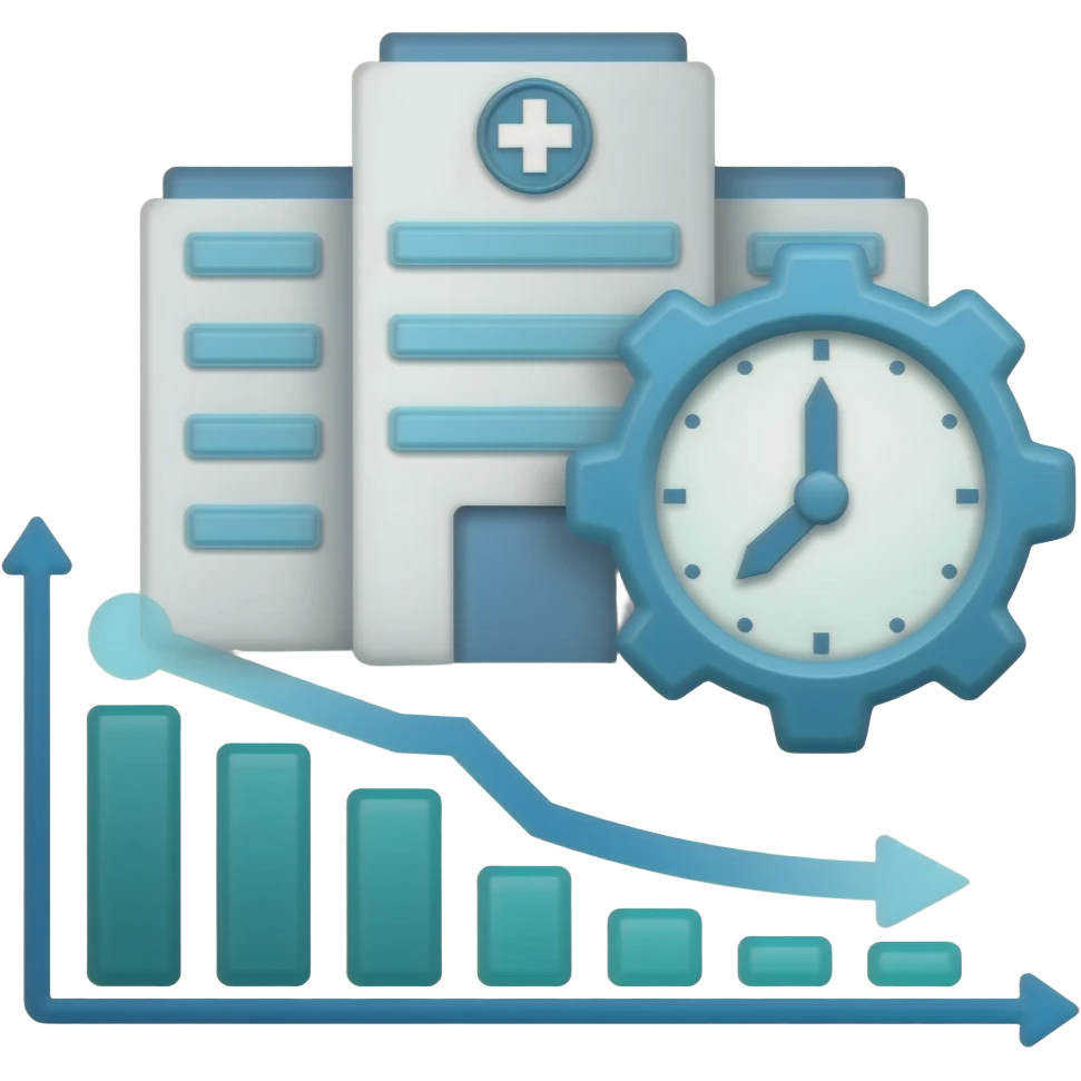 Minimalist flat icon of a clean hospital building integrated with a dynamic gear and clock symbol. Below it, a graph shows a declining line, representing reduced patient wait times. Tech blue and teal colors, professional medical vector art style, clean white background. emoji