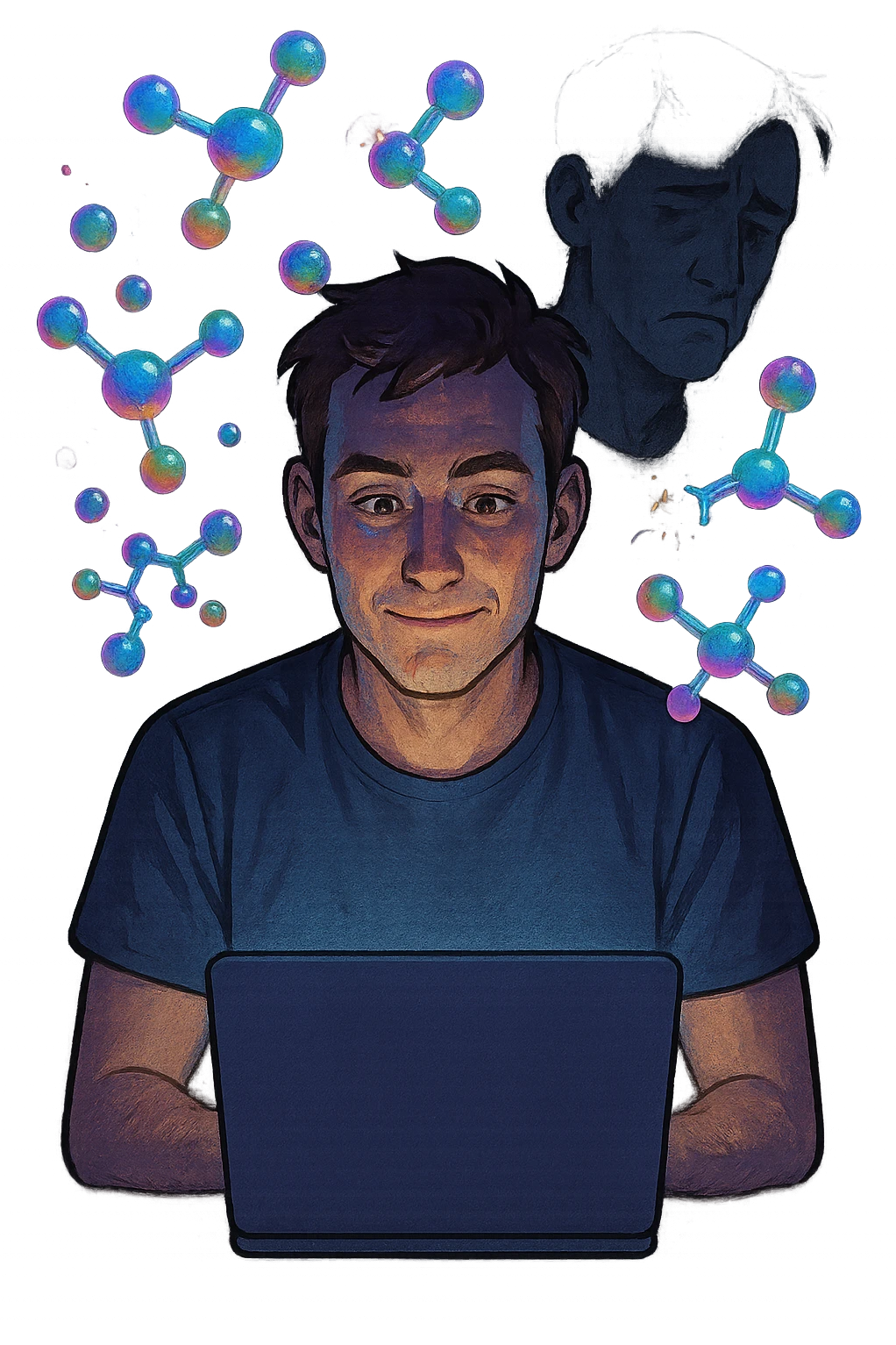 a man sits in front of a glowing screen, with colorful, artificial-looking dopamine molecules floating around his head like soap bubbles. Some bubbles pop and disappear quickly, symbolizing fleeting pleasure. In the background, a shadowy version of the man looks unsatisfied or empty, highlighting the temporary nature of the gratification. emoji