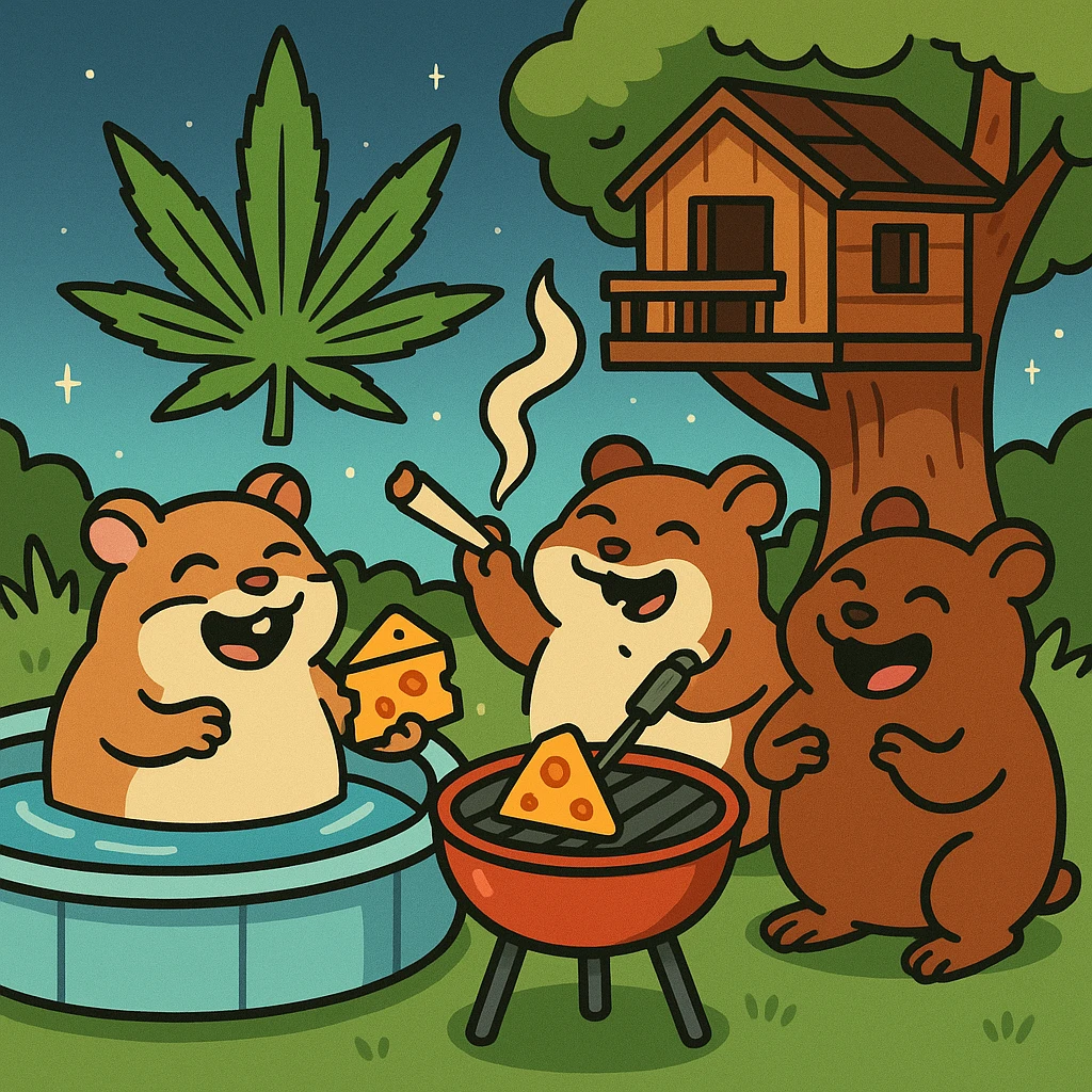 Discord server icon, 512x512 px, square format, summer pool cookout scene with up to 3 hamsters laughing and having a good time, weed leaf, cheese, and THC theme, near a treehouse, in space. Flat toon style, more saturated colors, bold outlines, nostalgic, fun, inviting, summer party vibe, clear composition, crisp details, designed to look good even at tiny size. emoji