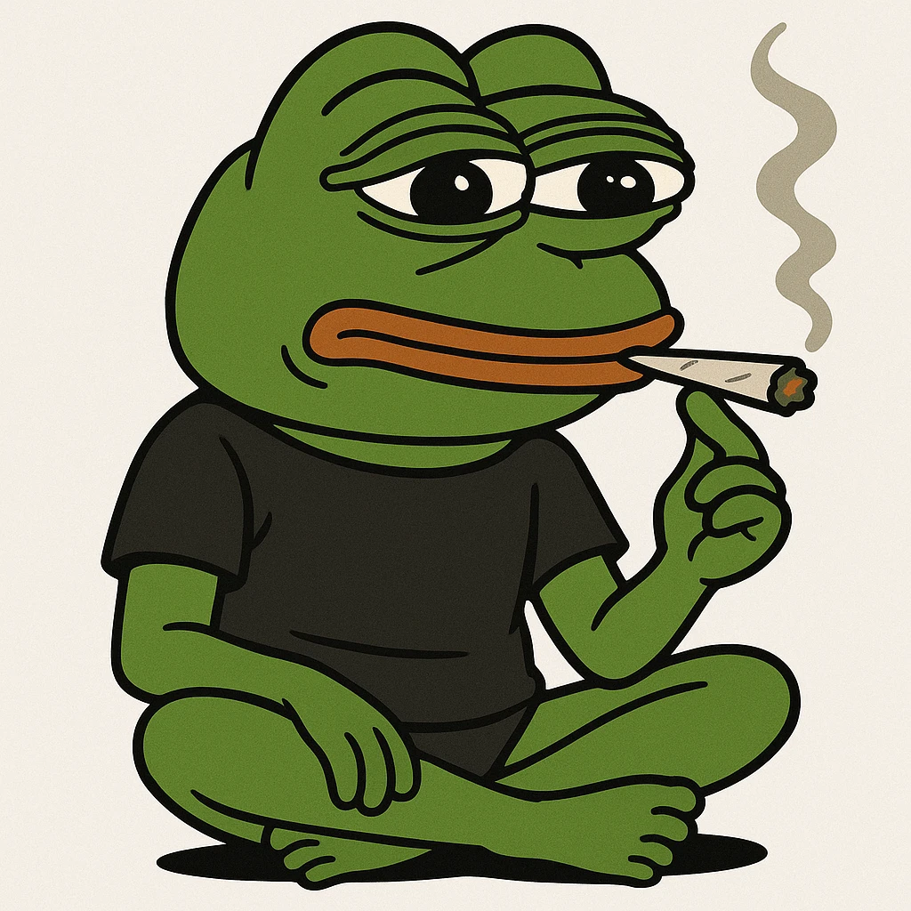 pepe the frog in a black shirt, sitting cross-legged, smoking a joint emoji